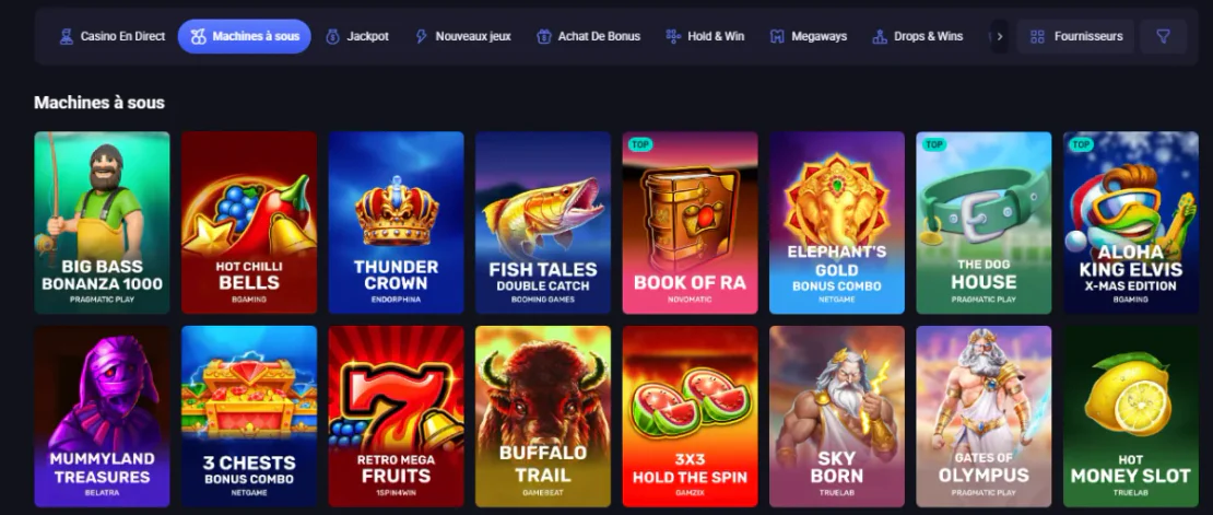 Catalogue de machines à sous de Spinaura Casino avec plusieurs jeux, dont Big Bass Bonanza, Book of Ra et Gates of Olympus