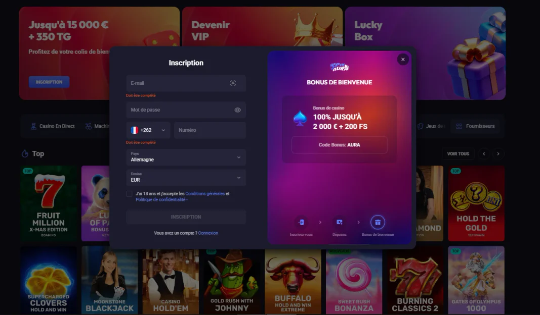 Formulaire d’inscription de Spinaura Casino avec champs de compte et présentation de l’offre de bienvenue de 2 000 € et 200 tours gratuits